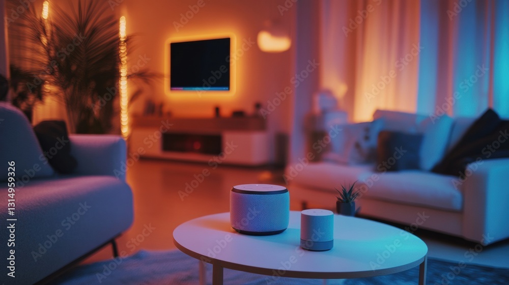 Leinwandbilder Stylish living room with smart technology where a user commands lighting and music for a dynamic experience in the evening ambiance