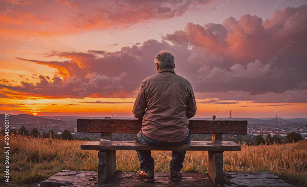Aufkleber man sits on a bench overlooking a city at sunset. the sky is filled with clouds, and the sun is sett