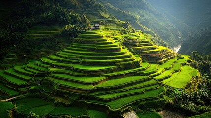 Lush rice terraces cascading down a mountainside in a tropical region.