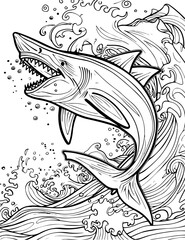 shark playing volleyball with dolphin, coloring page vector, illustration, drawing, sketch, animal, art, fish, design, black, tattoo, nature, sea, pattern, symbol, decoration, wave, bird, water, silho
