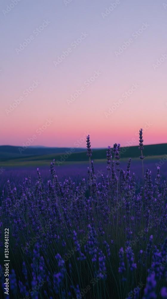 Poster vast lavender fields stretch into the horizon, bathed in soft hues of pink and purple at dusk. the g