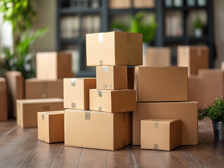 Fototapeta premium Numerous cardboard boxes of different sizes are stacked in a spacious room. Packing things for moving to a new house. New life