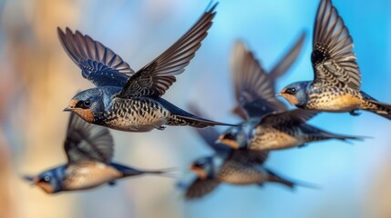 A flock of swallows in flight, wings outstretched against a blurred background.  Dynamic, energetic, and free.