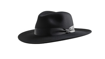 Classic black wide-brimmed fedora hat with gray satin band PNG background