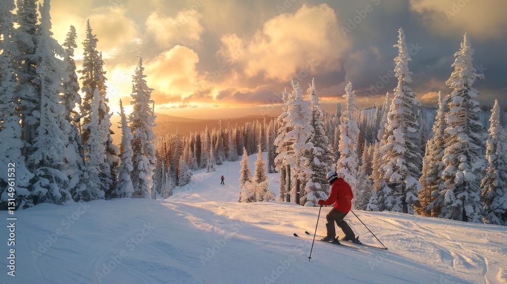 Poster a skier glides down a snow covered slope surrounded by tall pine trees as the sun sets in a vibrant 