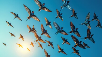 Fototapeta premium A flock of birds in flight against a vibrant blue sky, bathed in the warm glow of the sun.