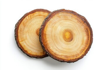 Close-Up of Tree Rings on Wooden Slices Against White Background, Showcasing Natural Patterns and Textures, Ideal for Nature and Woodworking Enthusiasts.