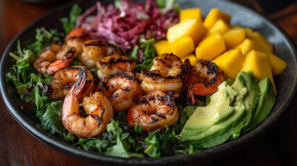 A vibrant tropical salad featuring fresh mixed greens, succulent grilled shrimp, ripe mango slices, and creamy avocado, elegantly plated on a rustic dark wooden table.