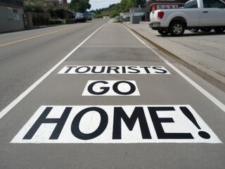 "Tourists Go Home! Street Sign Image with Paved Road, Vehicles, and Surrounding Buildings"