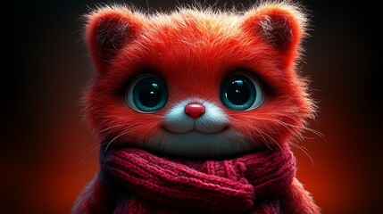 Obraz premium Cute digital cartoon furry red cat wearing a knit scarf. Possible use children's book illustration