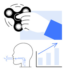Hand spinning fidget spinner, diagram of deep breathing flow, and bar chart with upward trend. Ideal for stress relief, focus, mental health, emotional balance, productivity, progress growth themes