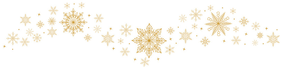Abstract Christmas background with gold snowflakes whirlwind border. Hand drawn Winter snow illustration, traditional new year design element. Hand drawn vector isolated