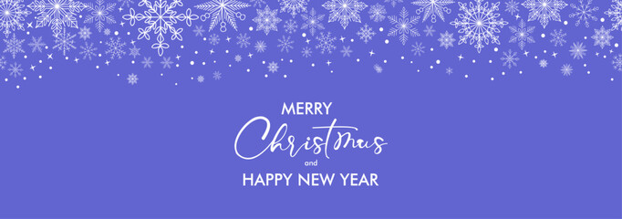 Abstract Merry Christmas, Happy New Year background with white snowflakes border. Hand drawn Winter snow illustration and calligraphy text on purple blue background. Banner, card, invitation template,