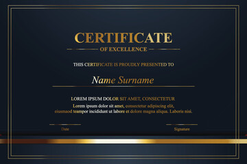 Gold-framed certificate design; dark background; award; printable template