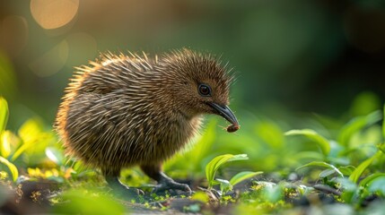 Fluffy young bird foraging in lush greenery.  Sunlight filters through leaves.
