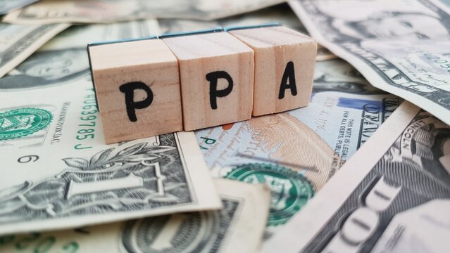 PPA acronym made of wooden letter cubes on pile of US dollar banknotes. Pension Protection Act