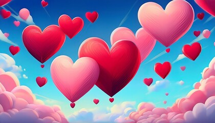 red and pink 3d hearts floating in a blue sky with clouds background