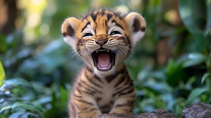 Cute tiger cub roaring in a jungle