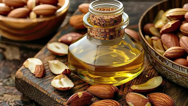 Brazil nut essential oil close-up. Selective focus