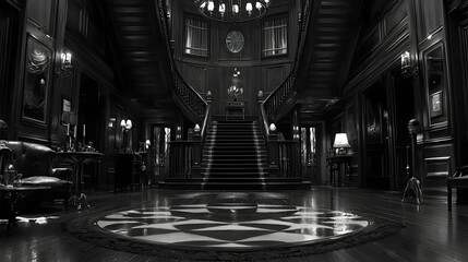 Fototapeta premium Grand mansion interior, sweeping staircase, dark wood, geometric floor, mysterious atmosphere, perfect for thriller film or gothic novel cover