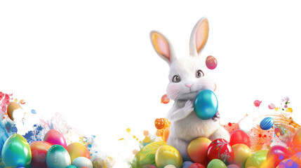 Fototapeta premium Easter bunny holding colorful egg surrounded by easter eggs on transparent background