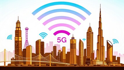 Obraz premium 5G Network latency coverage. Futuristic city skyline with 5G signal waves and modern skyscrapers.