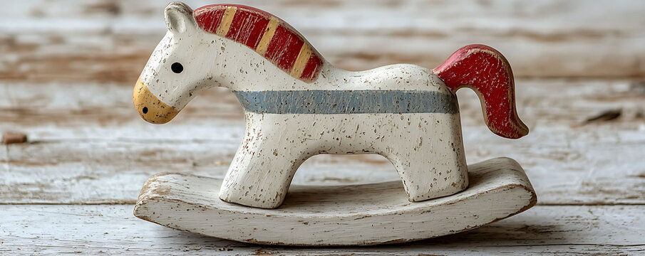 Rustic charm meets childhood nostalgia in this image of a vintage wooden rocking horse.  Its distressed paint and simple design evoke a sense of whimsical innocence and timeless appeal.