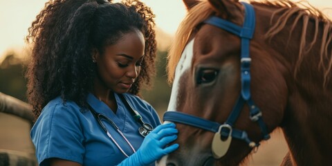 A devoted veterinarian delivers exceptional care for a cherished horse in a beautiful setting, ensuring its health and wellbeing amid the vibrant greenery and stunning landscape views