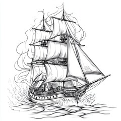 Vintage sketch engraving of an old sailing ship with billowing sails on the open sea in monochrome style