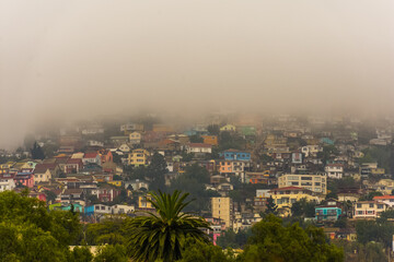 general view of Valparaiso, Chile on a foggy morning