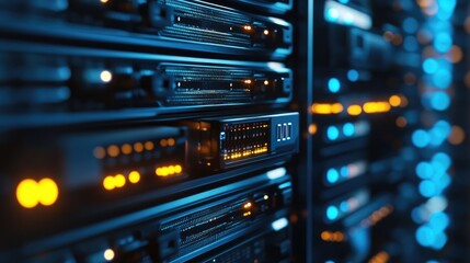 Obraz premium Network server racks with blinking lights processing online communication.