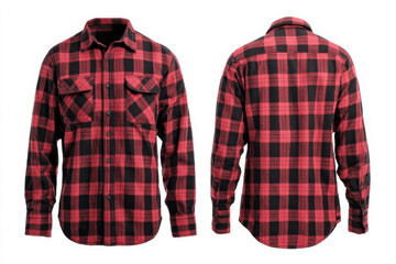 Red and black plaid flannel shirt, front and back views