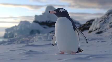 Naklejka premium Gentoo penguin on snowy Antarctic landscape
