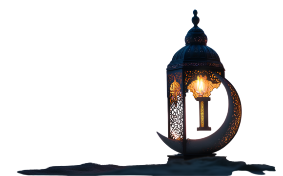 A crescent moon and an Arabic lantern on a transparent background. - Powered by Adobe