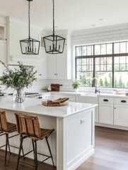 Fototapeta premium Modern kitchen with white cabinetry and black accents