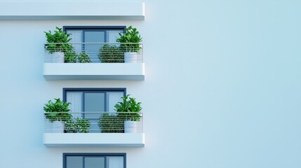 Minimalist Building with Greenery on Balconies Against Light Wall
