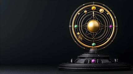 Golden Orrery With Colorful Planets On Black Background