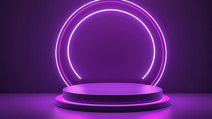 3D Neon Colors Circular Podium in Bright Purple Room for Technology Concept Product Display and Mockup Showroom