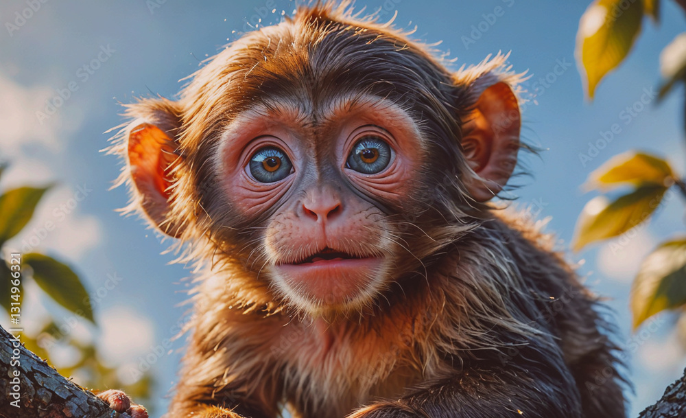 Aufkleber Baby monkey is sitting on a branch with its eyes closed. The monkey is looking at the camera with a smile on its face