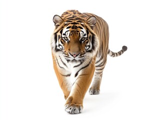 Fototapeta premium Majestic Tiger in Motion: Captivating Front View of a Big Cat on a Pristine White Background