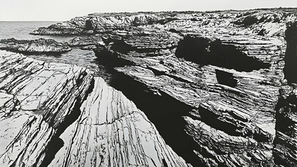 Coastal rock formations, ocean view, dramatic light, textured landscape, geological study