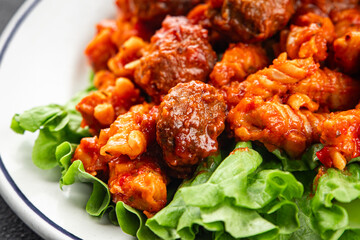 Pasta meatballs tomato sauce fresh tasty food dish delicious gourmet food background on the table rustic food top view copy space
