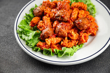 Pasta meatballs tomato sauce fresh tasty food dish delicious gourmet food background on the table rustic food top view copy space