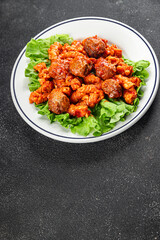 Pasta meatballs tomato sauce fresh tasty food dish delicious gourmet food background on the table rustic food top view copy space