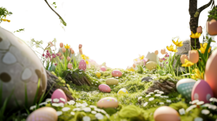 Easter eggs lying in the grass with flowers and transparent background