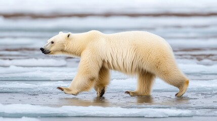 Polar bear walking across melting ice in a remote Arctic landscape.
