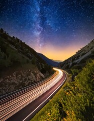 Scenic Mountain Highway Under a Starry Night Sky with the Milky Way and Light Trails

