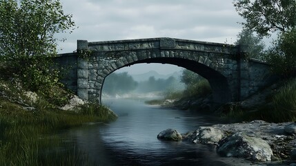 Fototapeta premium A serene stone bridge over a calm river, surrounded by lush greenery and misty mountains.