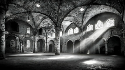 Naklejka premium Sunbeams illuminate ancient stone church interior; architectural photography for historical, travel, and religious websites
