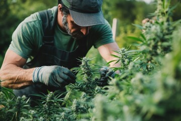 Fototapeta premium Dedicated Cannabis Workers Trimming Premium Marijuana Plants Indoors in California's Lush Sativa Forest